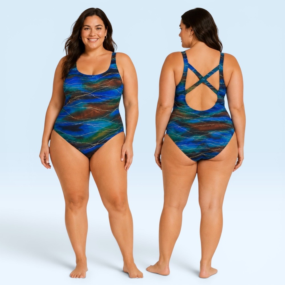 Robby Len Blue Green Abstract Metallic Gold Striped One Piece Swimsuit Size 12